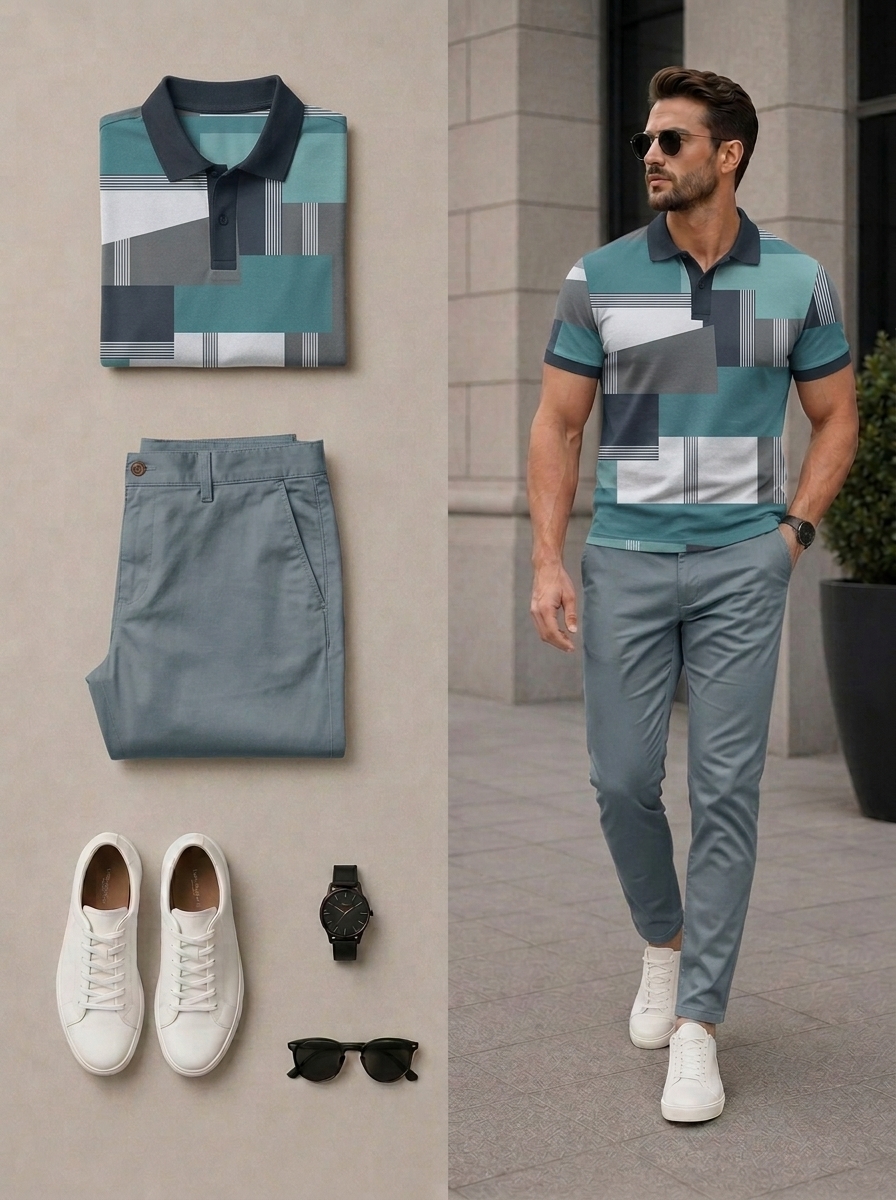Conjunto de dos piezas casual Multi Grass Green Color Matching Geometric estampado de manga cortas camisa polo & pantalón para hombre