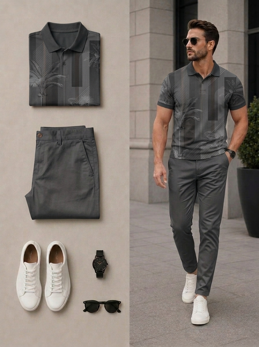 Conjunto de dos piezas casual Gray Color Matching retro Style estampado de manga cortas camisa polo & pantalón para hombre