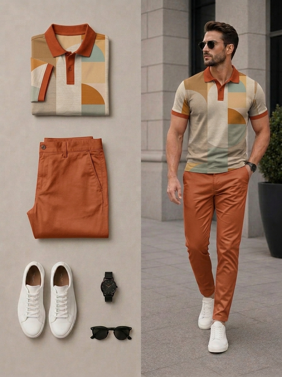 Conjunto de dos piezas casual Multi Orange Color Matching retro Style estampado de manga cortas camisa polo & pantalón para hombre