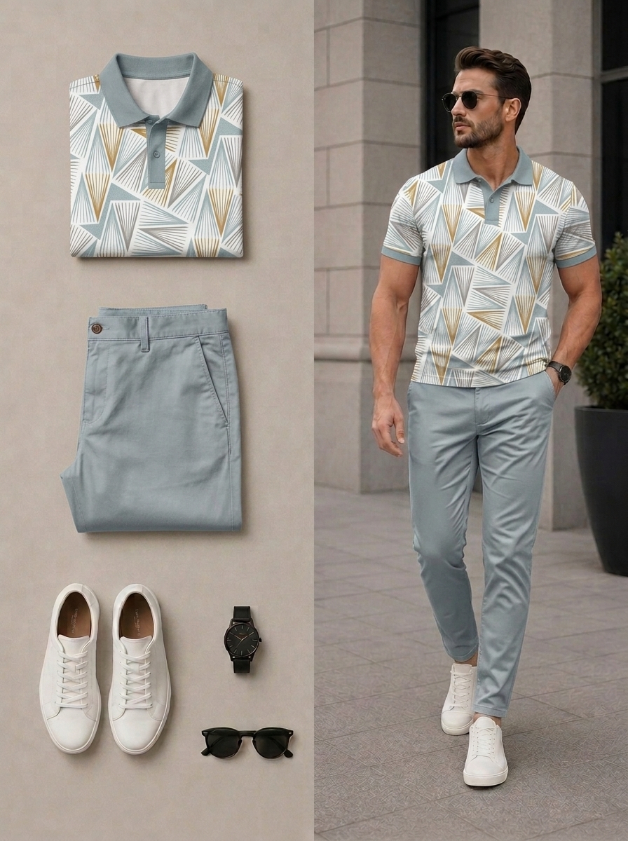 Conjunto de dos piezas casual Light Green Color Matching Geometric estampado de manga cortas camisa polo & pantalón para hombre