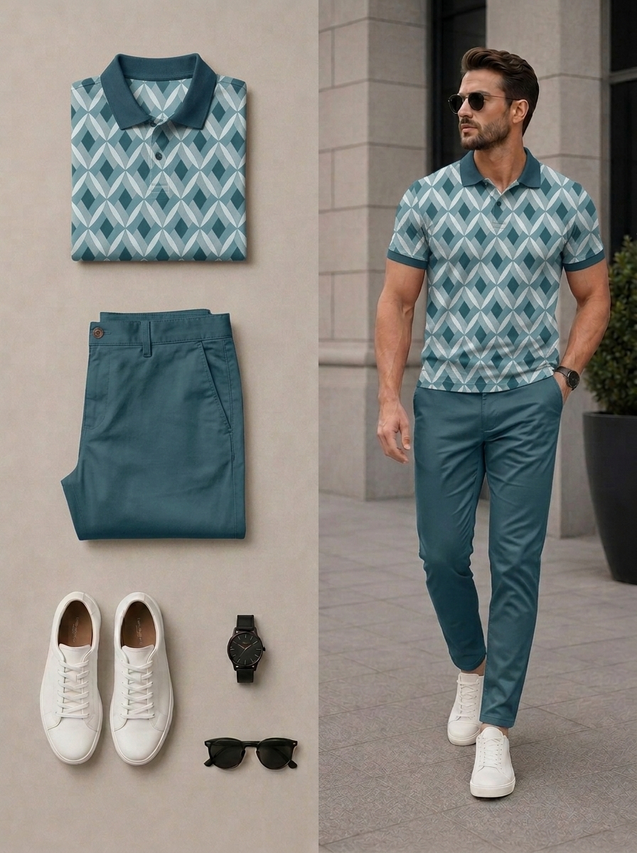 Conjunto de dos piezas casual Green & White Color Matching retro Style estampado de manga cortas camisa polo & pantalón para hombre
