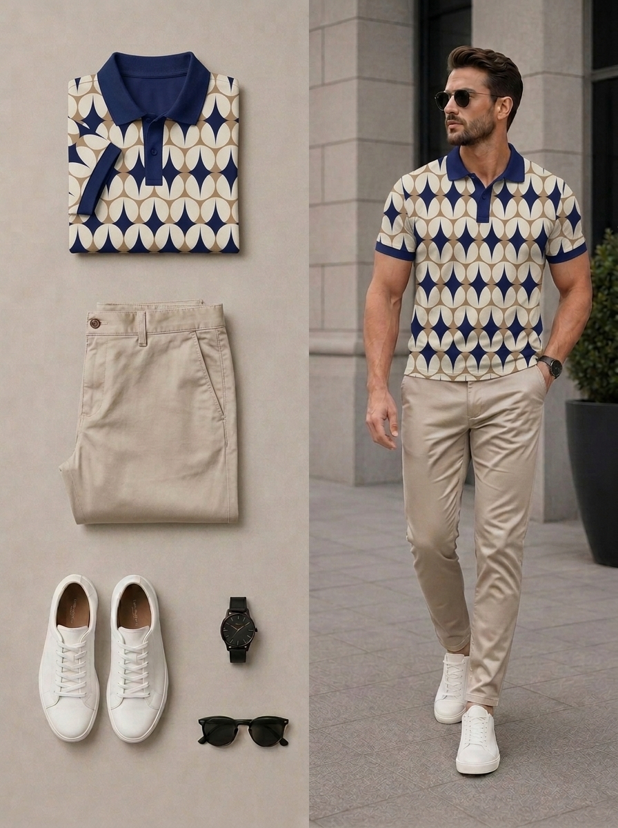 Conjunto de dos piezas casual Navy Blue & Khaki Color Matching Geometric estampado de manga cortas camisa polo & pantalón para hombre