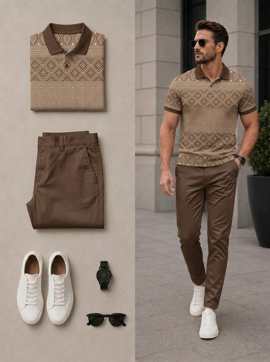 Conjunto de dos piezas casual retro Style Coffee Color Matching Geometric estampado de manga cortas camisa polo & pantalón para hombre