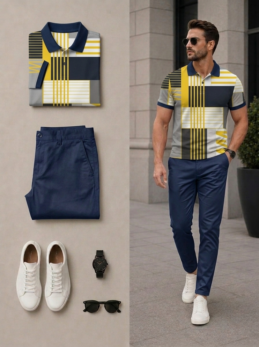 Conjunto de dos piezas casual Yellow & Navy Blue Color Matching Geometric estampado de manga cortas camisa polo & pantalón para hombre