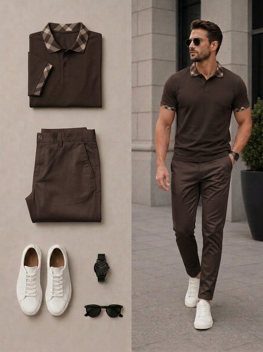 Conjunto de dos piezas casual Khaki Color Checkered de manga cortas camisa polo & pantalón para hombre
