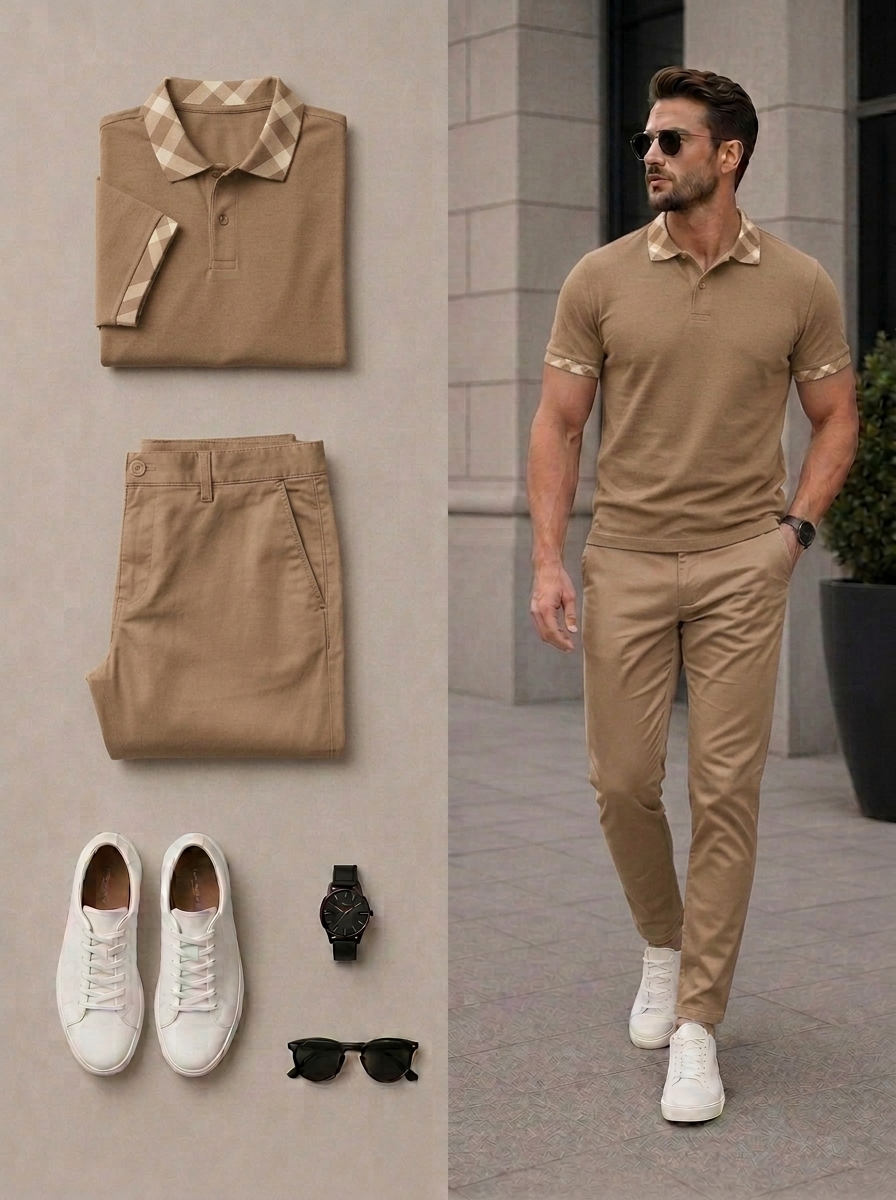 Conjunto de dos piezas casual Khaki Color Checkered de manga cortas camisa polo & pantalón para hombre