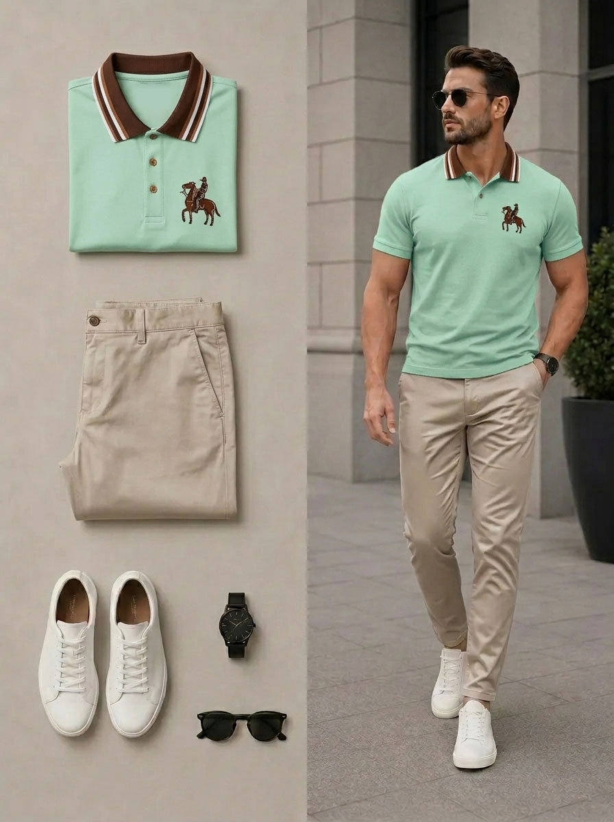 Conjunto de dos piezas casual Light Green & Khaki Color camisa polo & pantalón para hombre