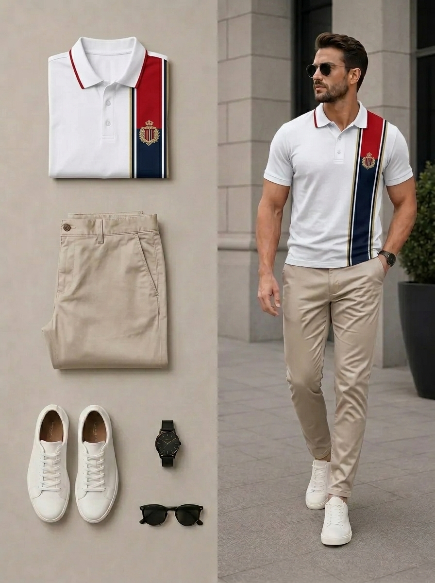 Conjunto de dos piezas casual White & Khaki Color camisa polo & pantalón para hombre