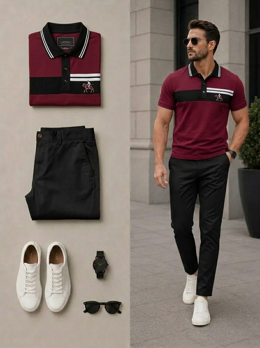Conjunto de dos piezas casual Burgundy & Khaki Color Matching Geometric estampado camisa polo & pantalón para hombre