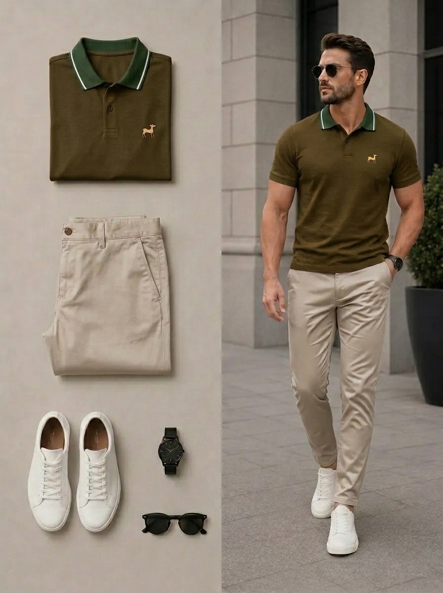 Conjunto de dos piezas casual Army Green & Khaki Color Matching Geometric estampado camisa polo & pantalón para hombre