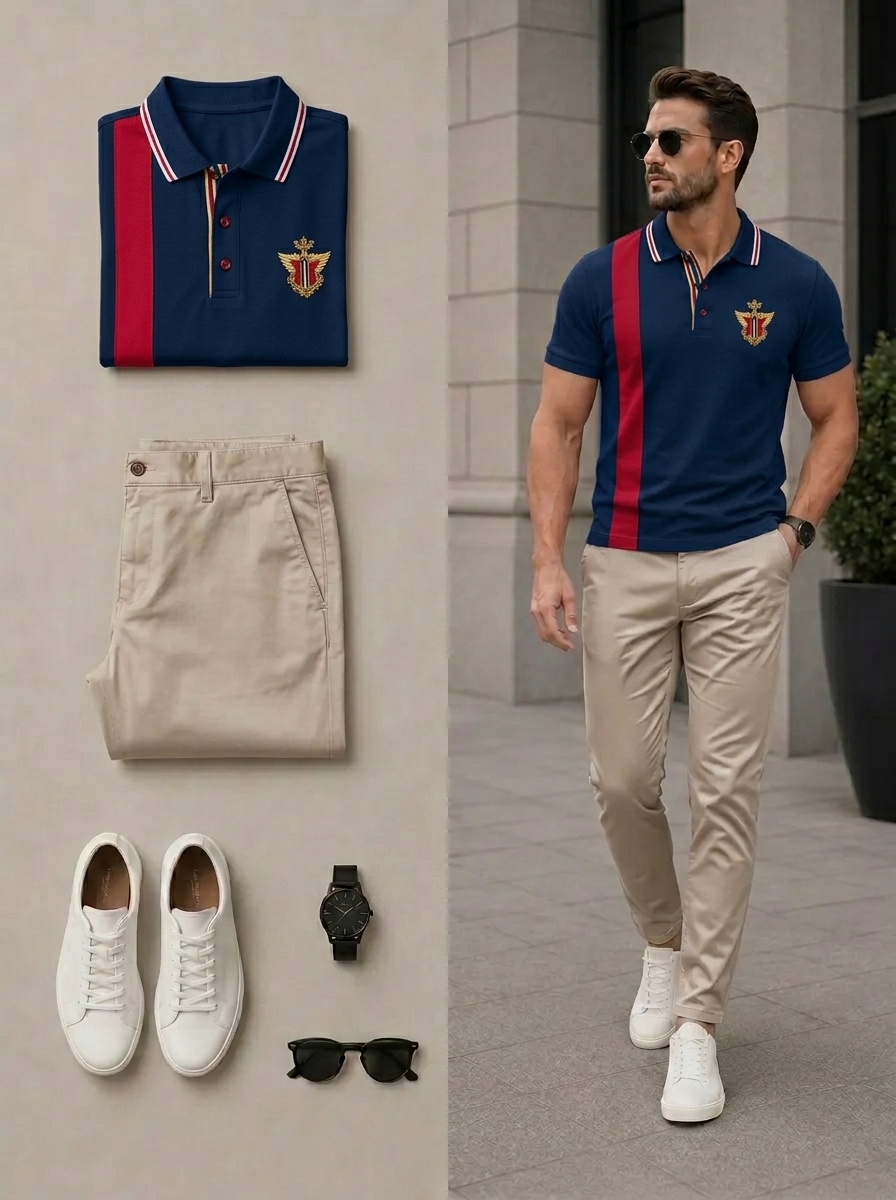Conjunto de dos piezas casual Navy Blue & Khaki Color Matching estampado camisa polo & pantalón para hombre