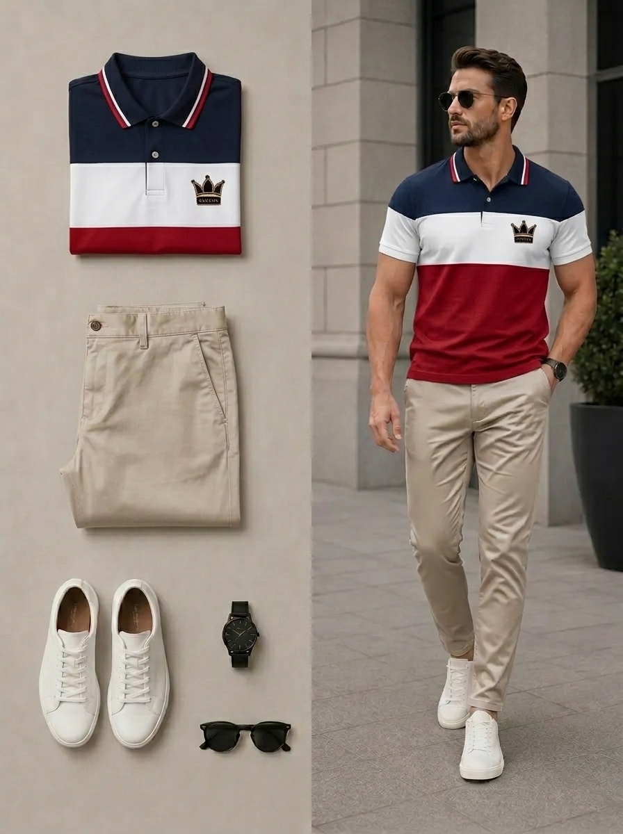 Conjunto de dos piezas casual Navy Blue & Khaki Color Matching estampado camisa polo & pantalón para hombre