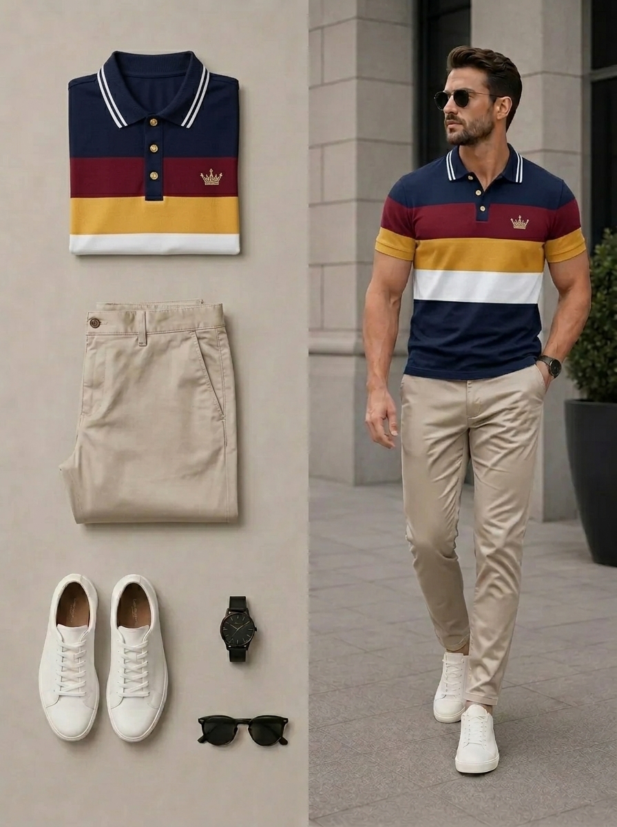 Conjunto de dos piezas casual Navy Blue & Khaki Color Matching estampado camisa polo & pantalón para hombre
