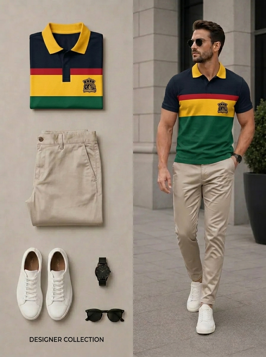 Conjunto de dos piezas casual Green & Khaki Color Matching estampado camisa polo & pantalón para hombre