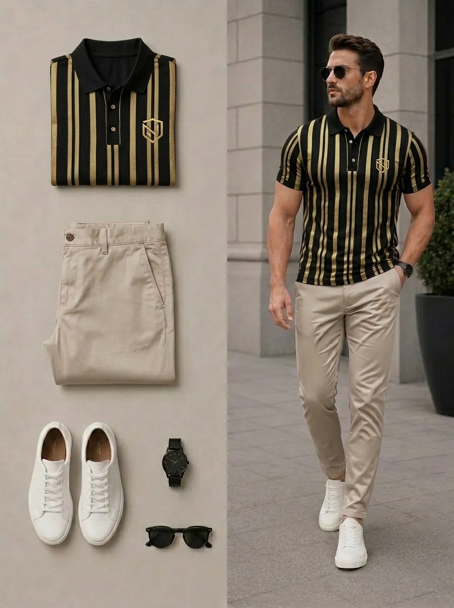 Conjunto de dos piezas casual Black & Gold Color Matching a rayas estampado camisa polo & pantalón para hombre