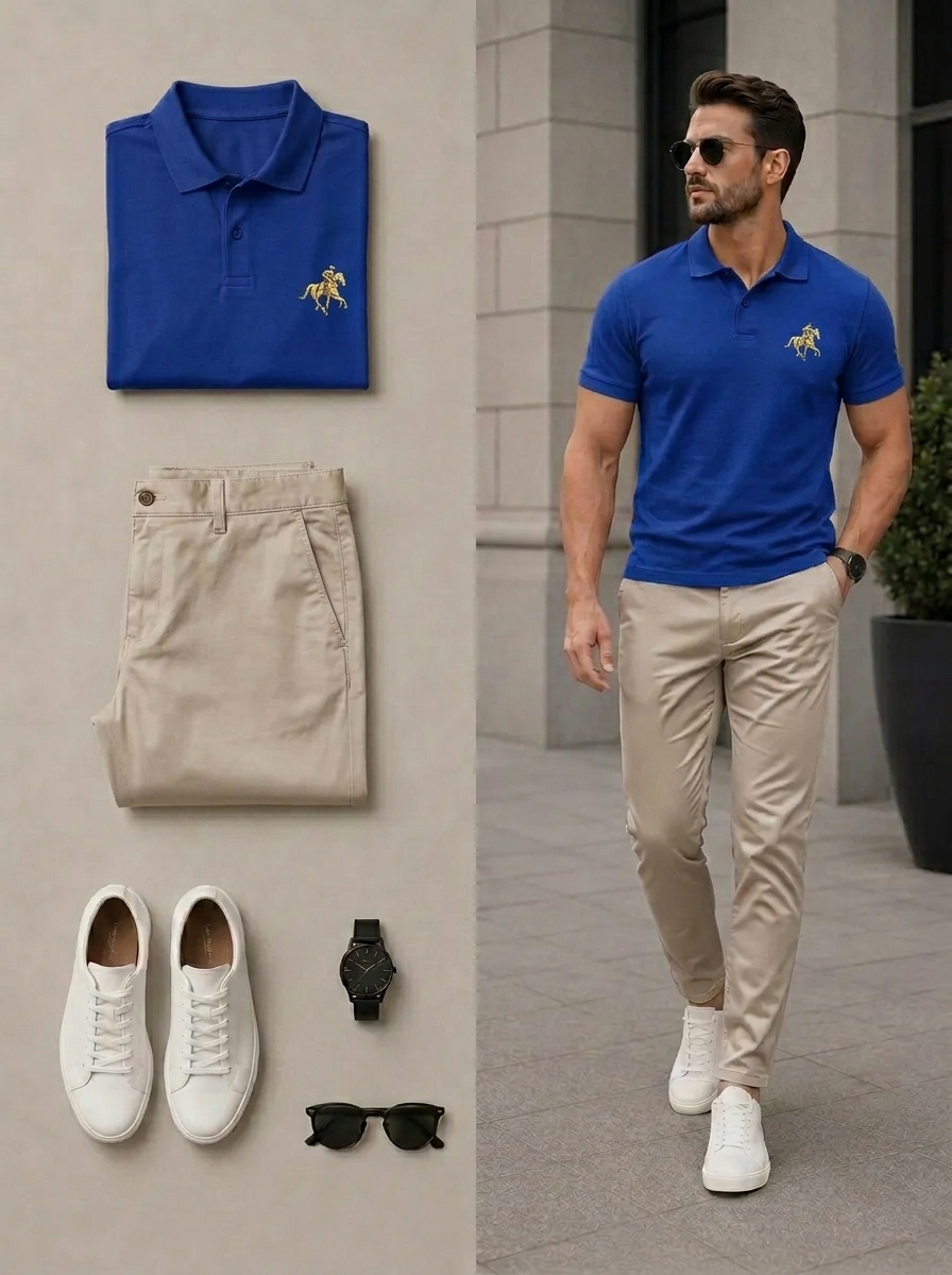 Conjunto de dos piezas casual Royal Blue & Khaki Color Matching camisa polo & pantalón para hombre