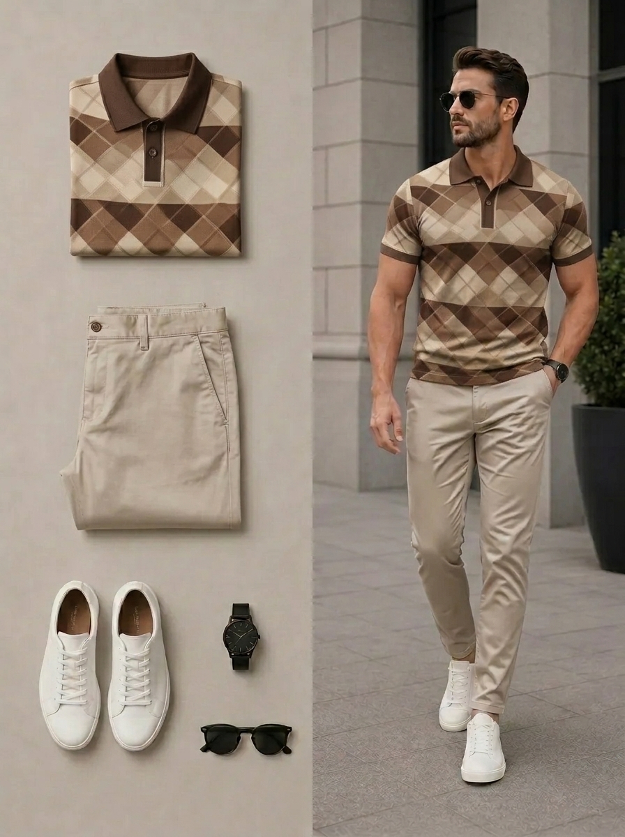 Conjunto de dos piezas casual Multi Coffee & Khaki Color Matching Geometric estampado camisa polo & pantalón para hombre