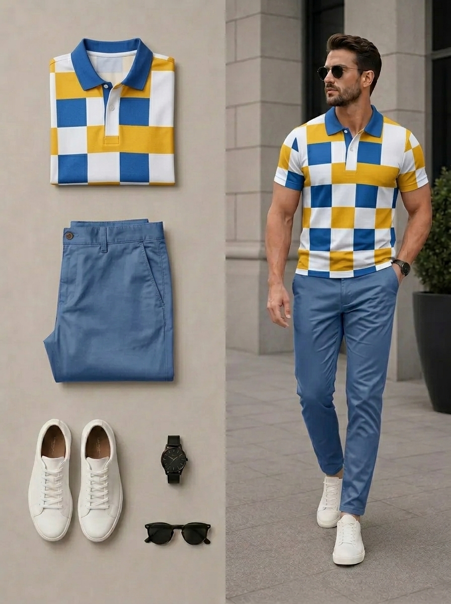 Conjunto de dos piezas casual Multi Yellow & Blue Color Matching Checkered estampado camisa polo & pantalón para hombre