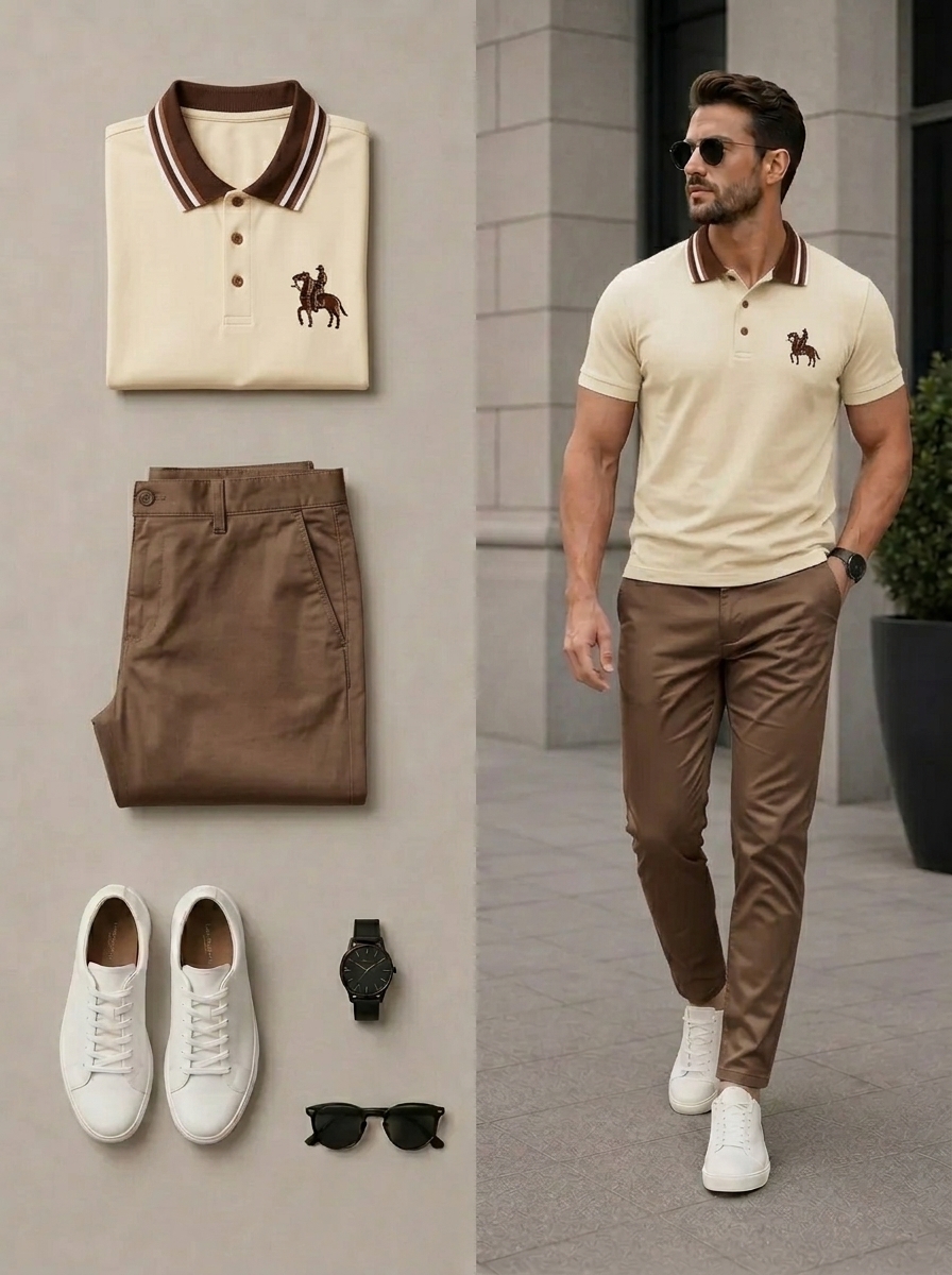 Conjunto de dos piezas casual Apricot & Coffee Color Matching camisa polo & pantalón para hombre