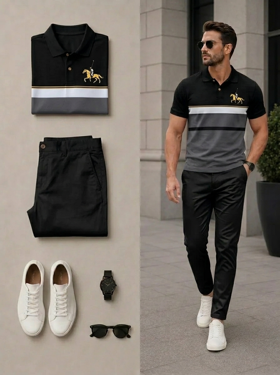 Conjunto de dos piezas casual Black & White Color Matching camisa polo & pantalón para hombre