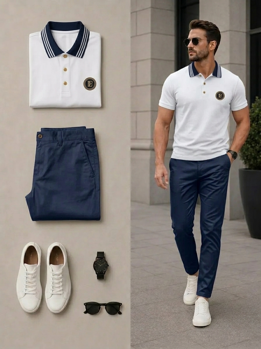 Conjunto de dos piezas casual White & Navy Blue Color Matching camisa polo & pantalón para hombre