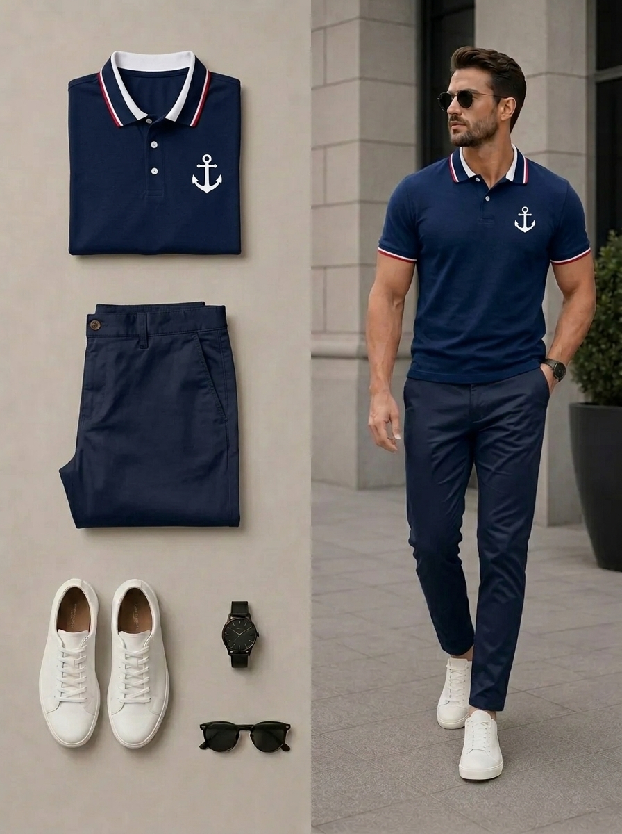 Conjunto de dos piezas casual Navy Blue Color Matching camisa polo & pantalón para hombre