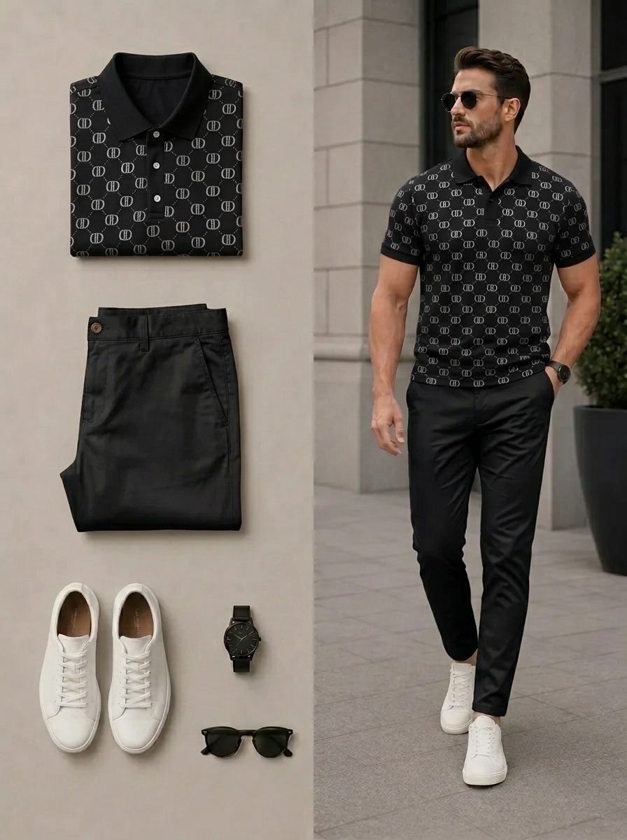 Conjunto de dos piezas casual Black retro Style estampado camisa polo & pantalón para hombre