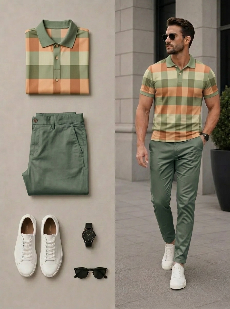 Conjunto de dos piezas casual Yellow & Green Color Matching Checkered Art Style estampado camisa polo & pantalón para hombre
