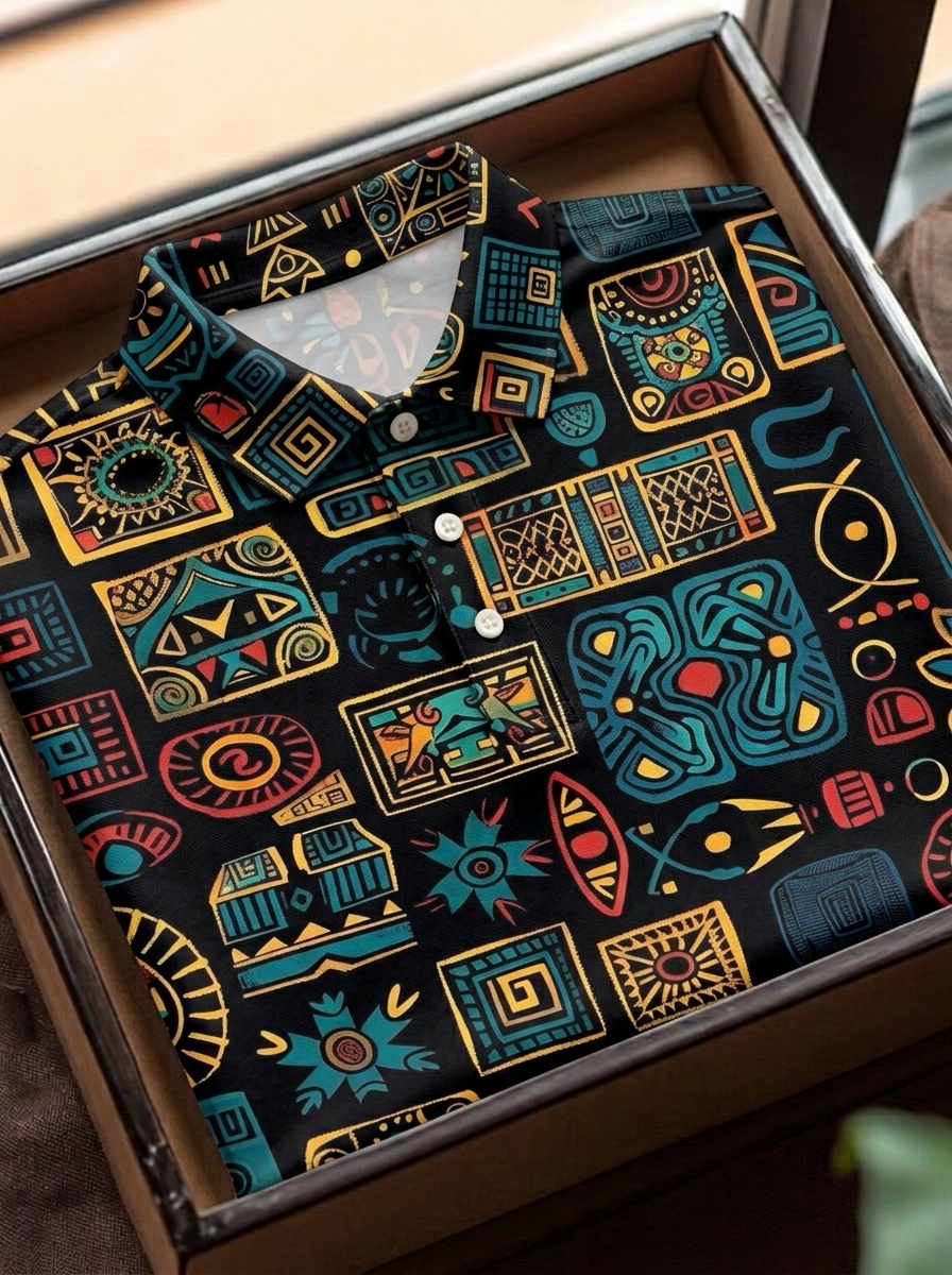 Camisa polo casual Multi Geometric Art estampado de manga cortas para hombre