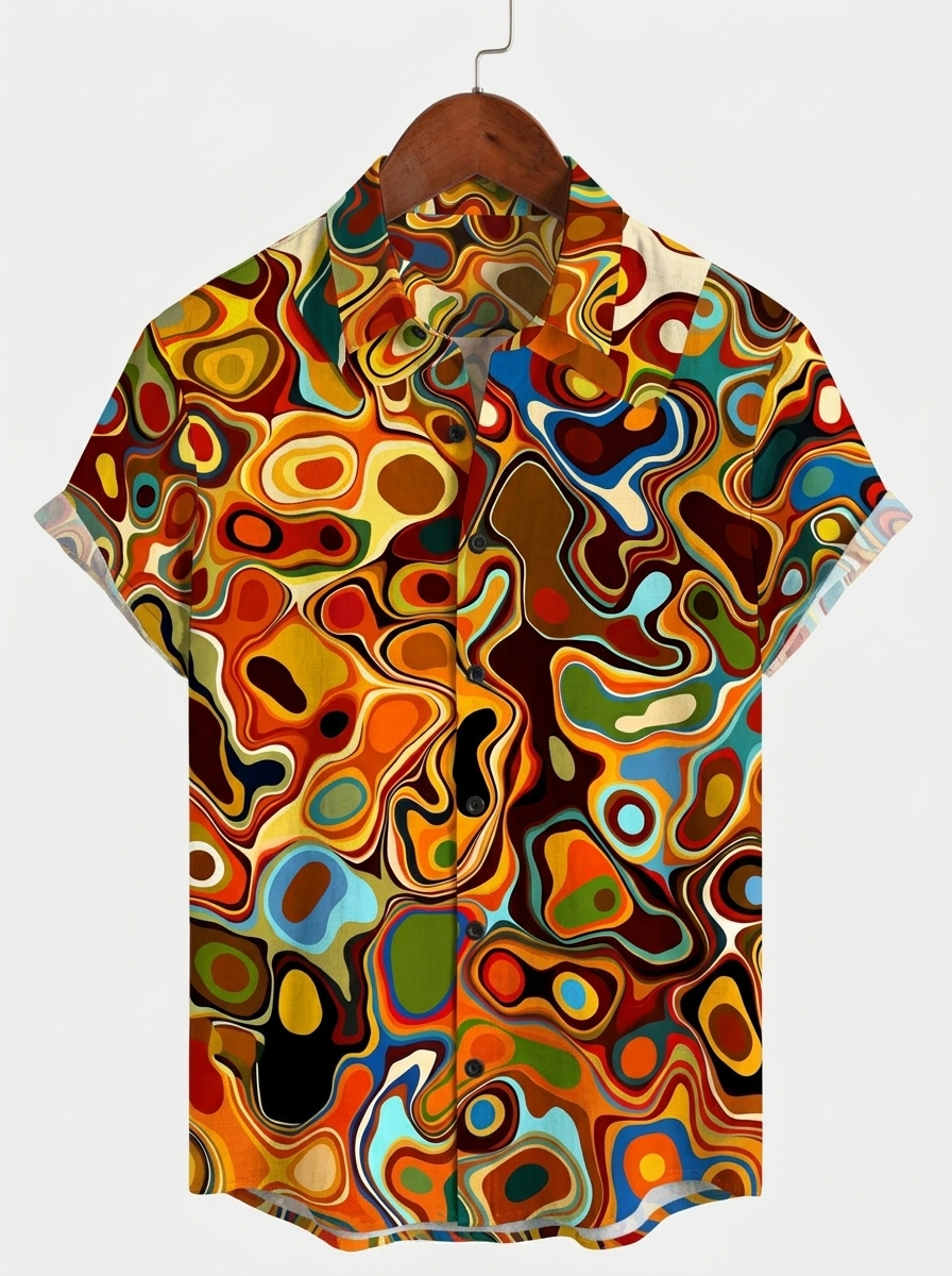 Camisa retro a rayas Multi Red Art estampado Button Up de manga corta para hombre