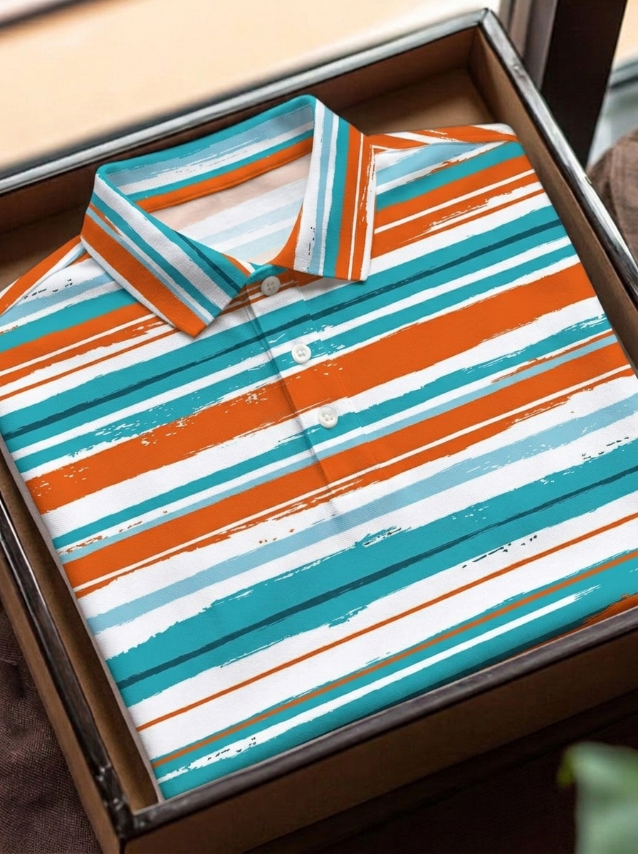 Camisa polo casual Multicolor Art a rayas estampado de manga cortas para hombre