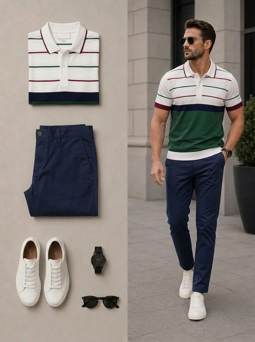 Conjunto de dos piezas casual White & Green & Navy Color Matching a rayas estampado camisa polo & pantalón para hombre