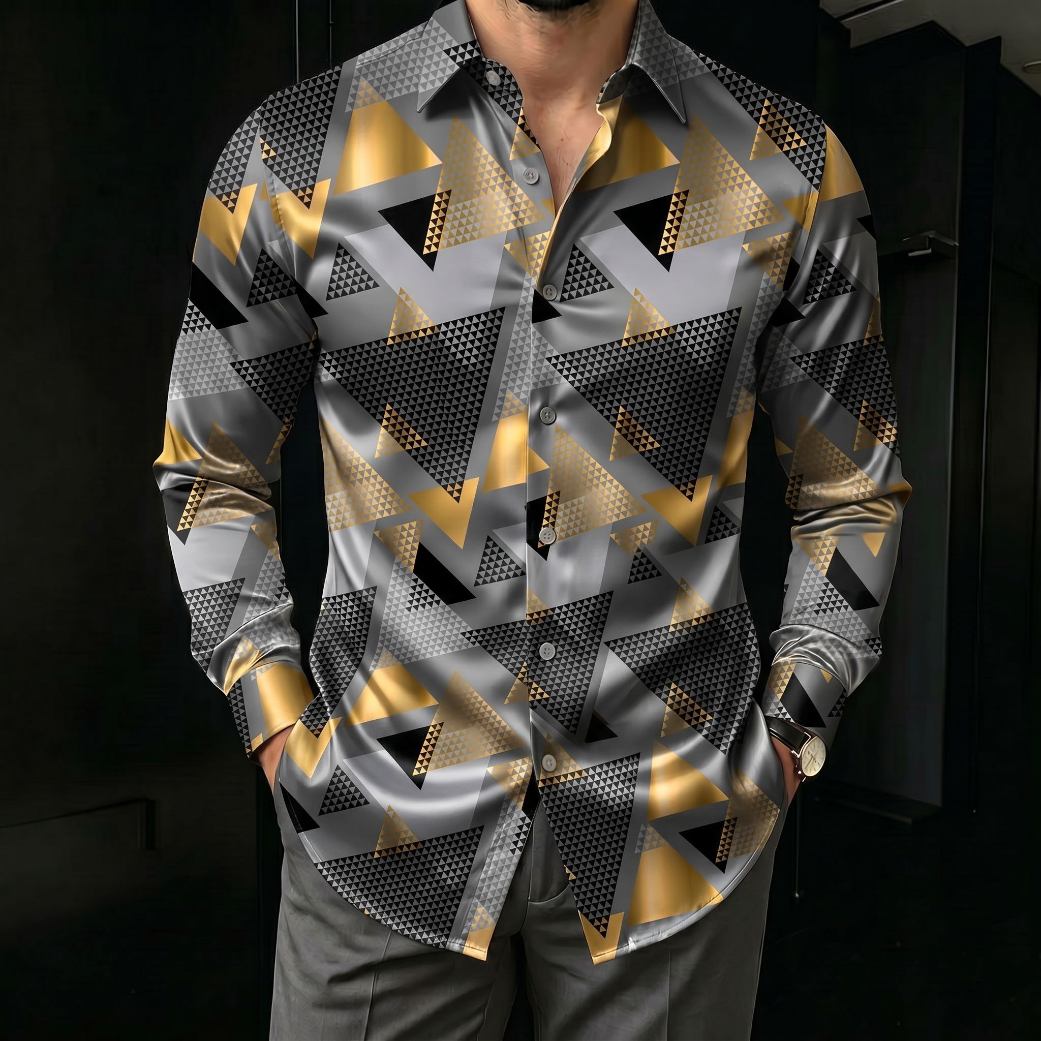 Camisa Black & White a rayas estampado de manga larga para hombre