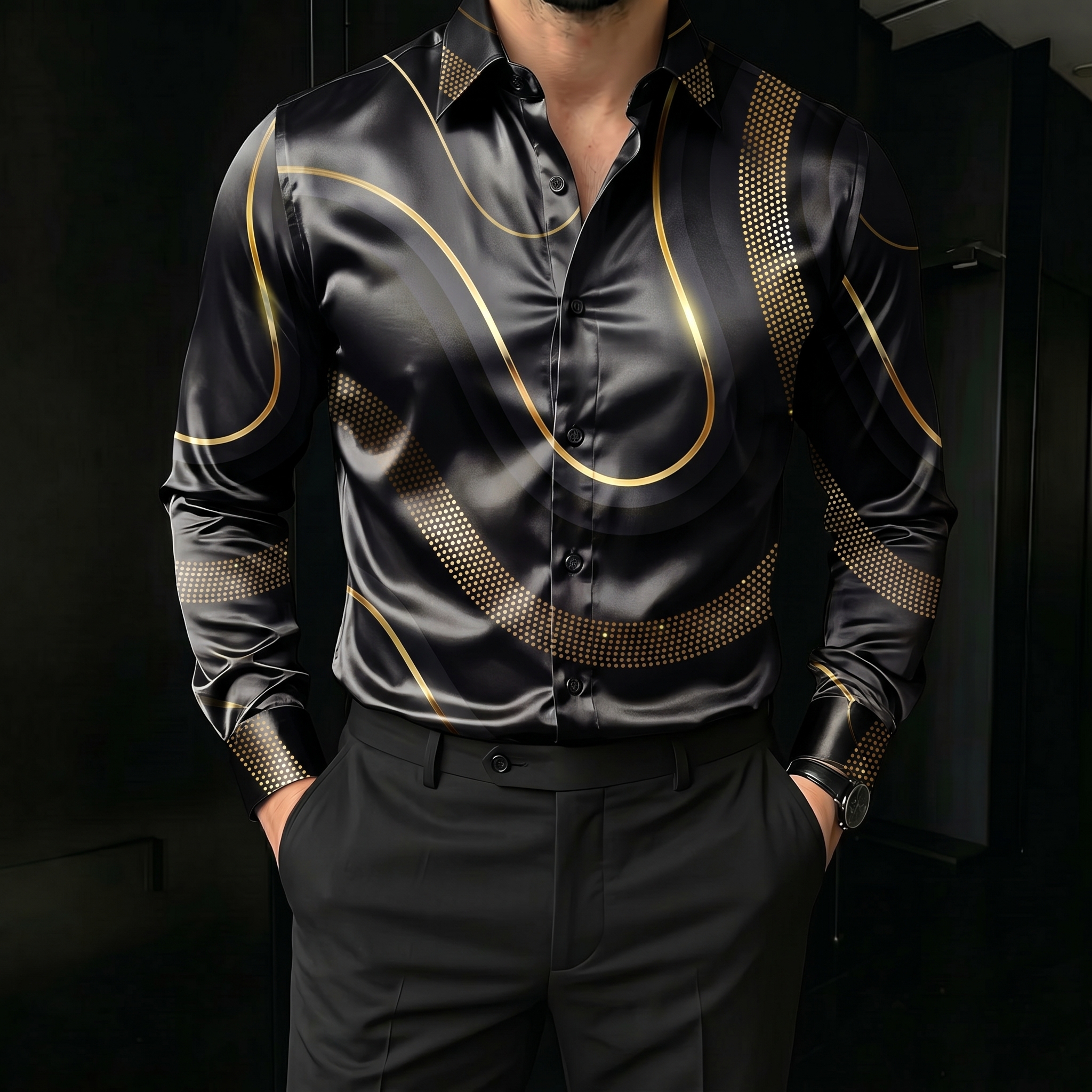 Camisa Black & Gold a rayas estampado de manga larga para hombre