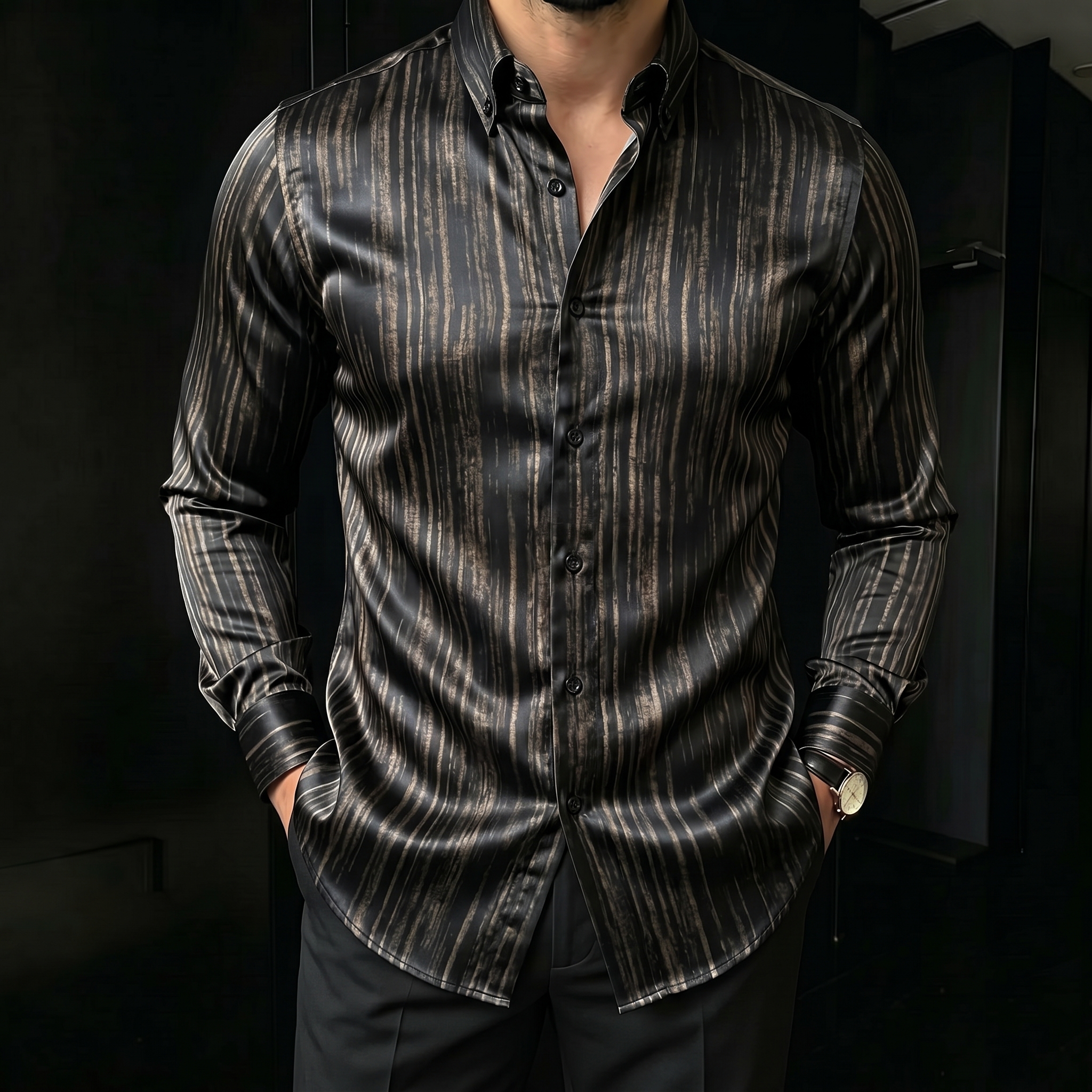 Camisa Black a rayas estampado de manga larga para hombre