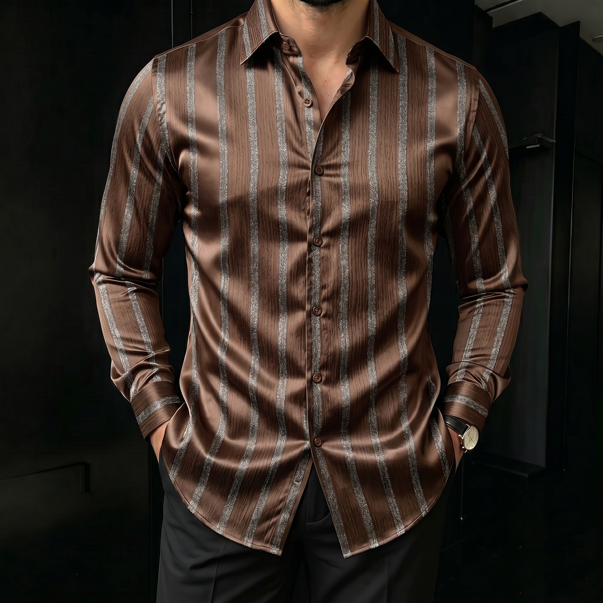 Camisa Black a rayas estampado de manga larga para hombre