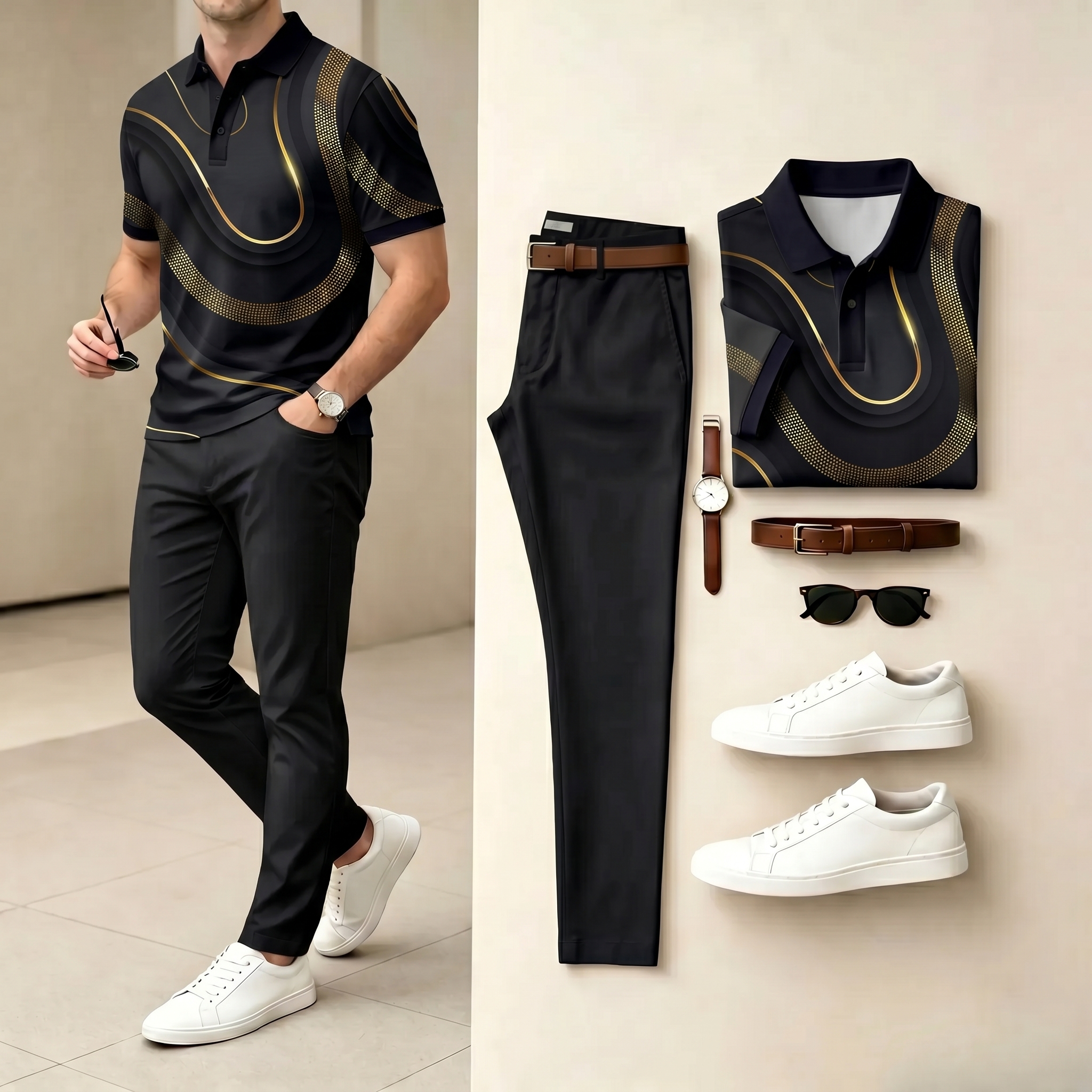 Conjunto de dos piezas casual Black Color Matching estampado camisa polo & pantalón para hombre