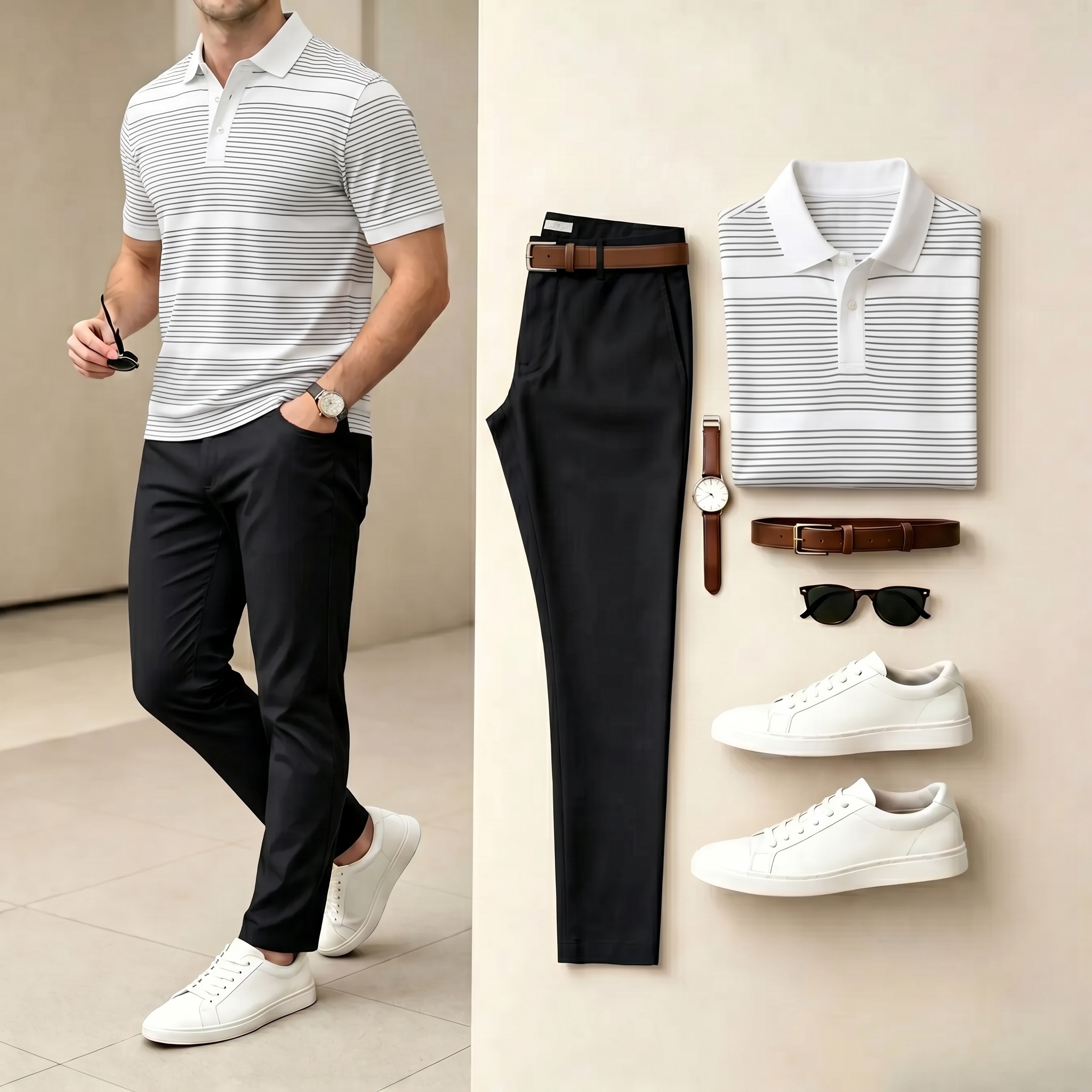 Conjunto de dos piezas casual Black & White Color Matching a rayas estampado camisa polo & pantalón para hombre
