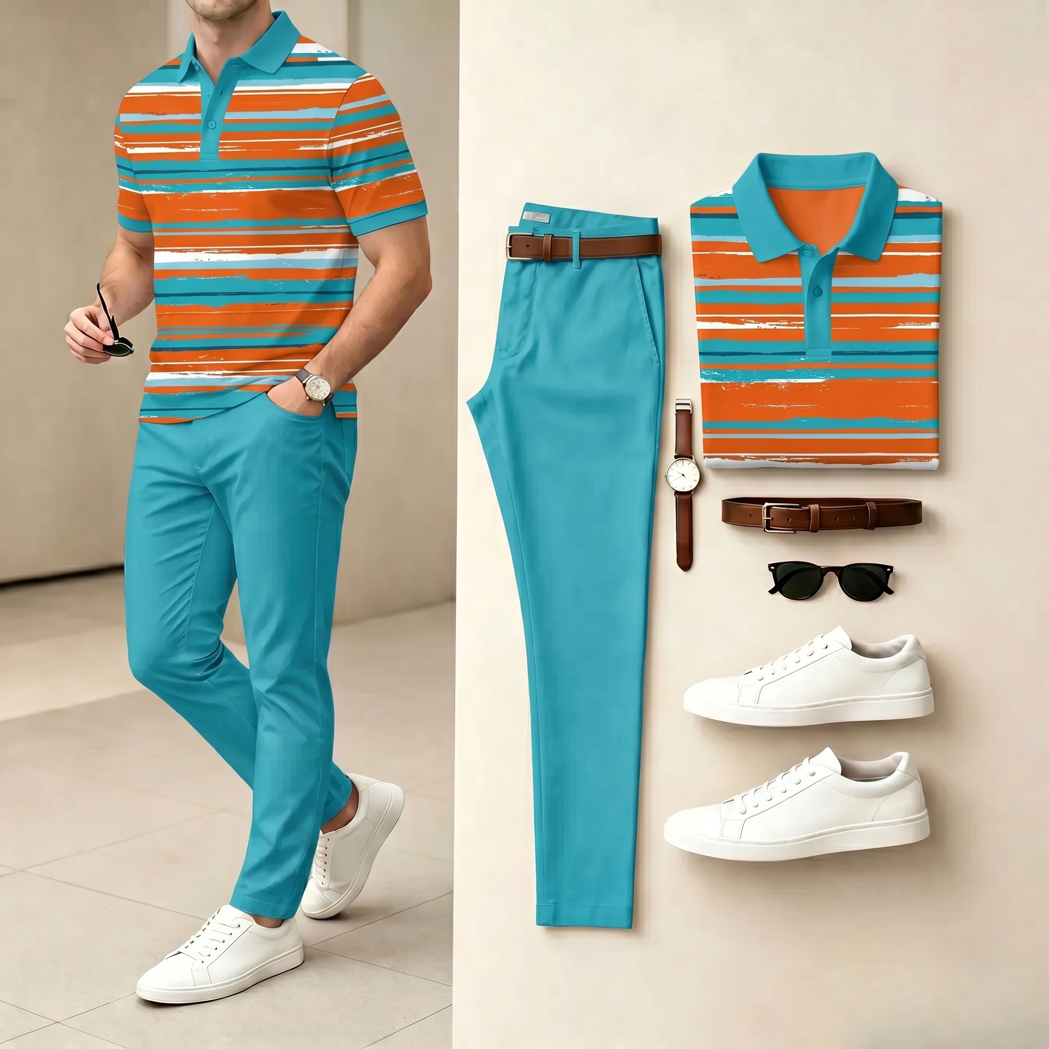 Conjunto de dos piezas casual Green & Orange Color Matching a rayas estampado camisa polo & pantalón para hombre