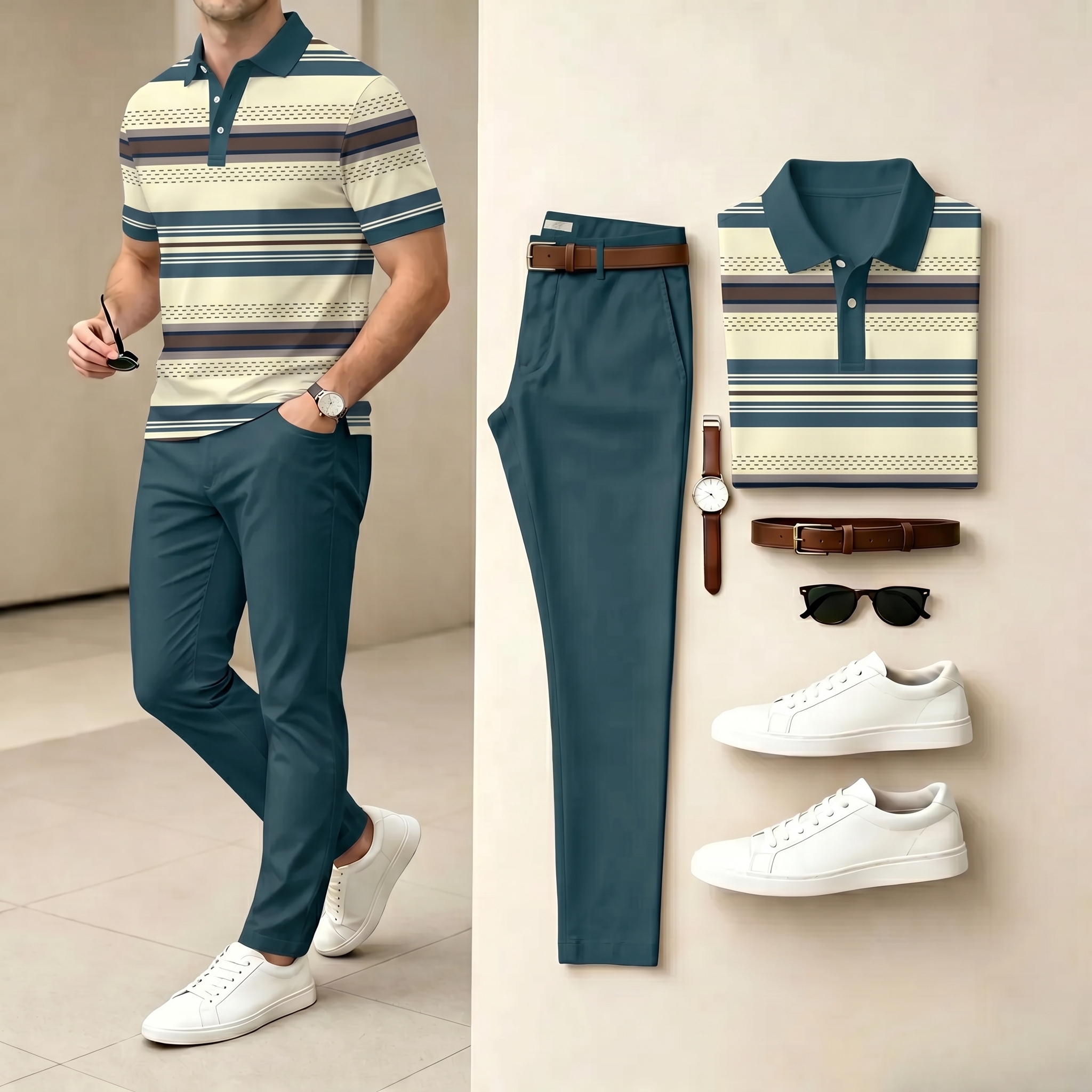 Conjunto de dos piezas casual Beige & Green Color Matching a rayas estampado camisa polo & pantalón para hombre