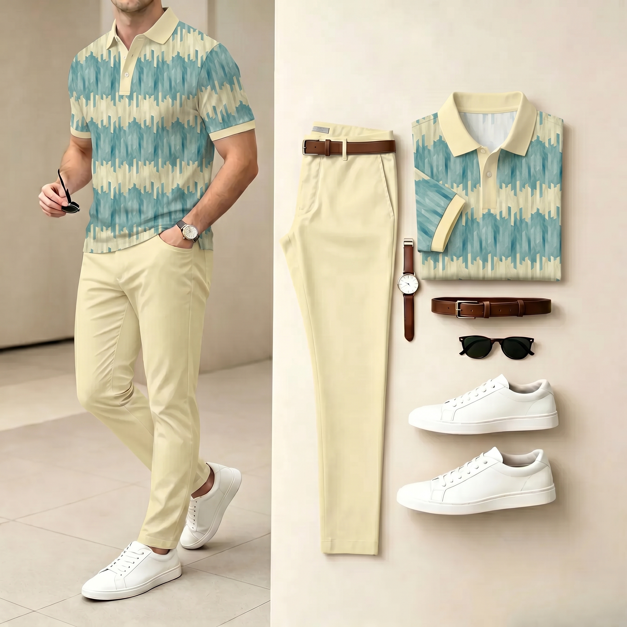 Conjunto de dos piezas casual Yellow & Green Color Matching a rayas estampado camisa polo & pantalón para hombre