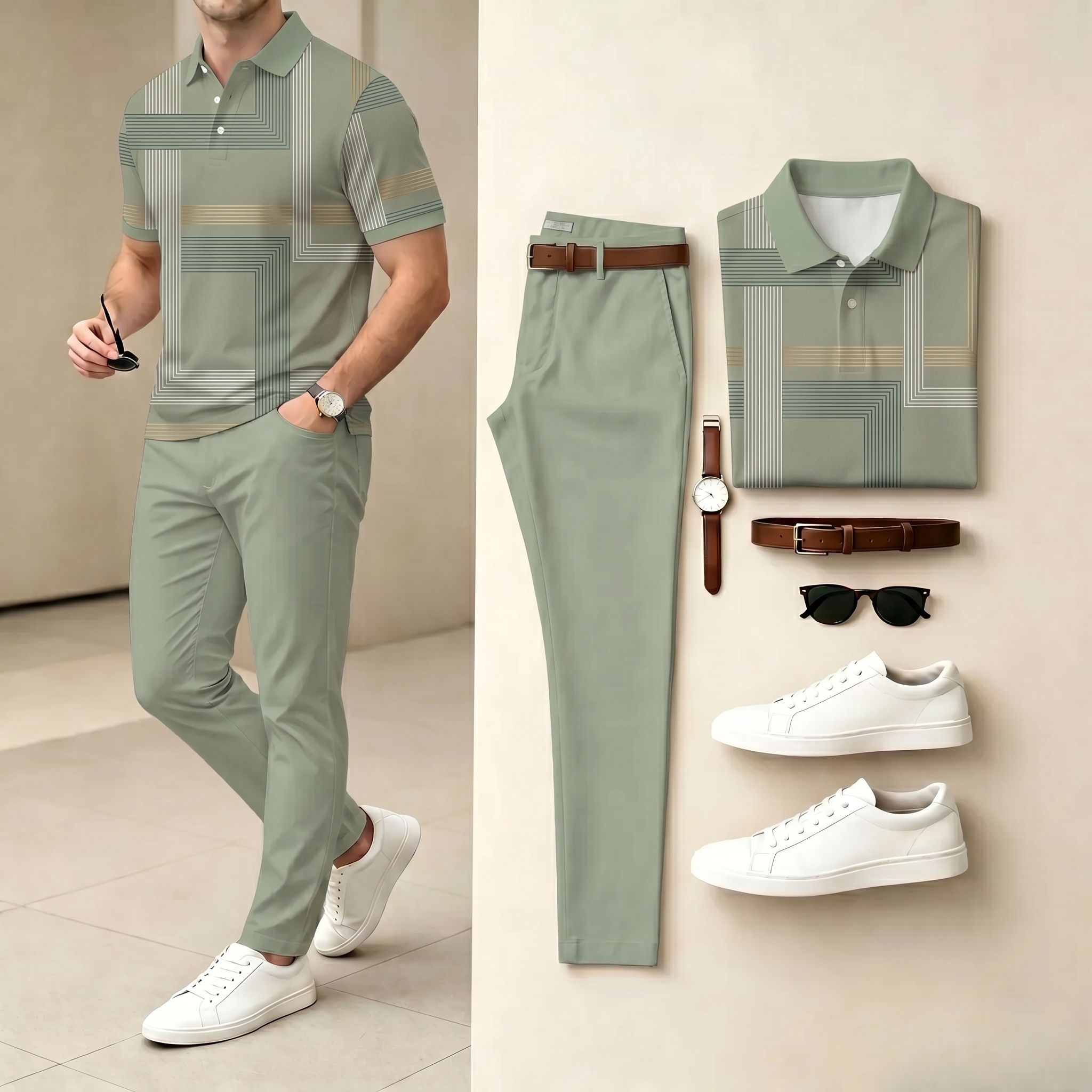 Conjunto de dos piezas casual Light Green Color Matching a rayas estampado camisa polo & pantalón para hombre