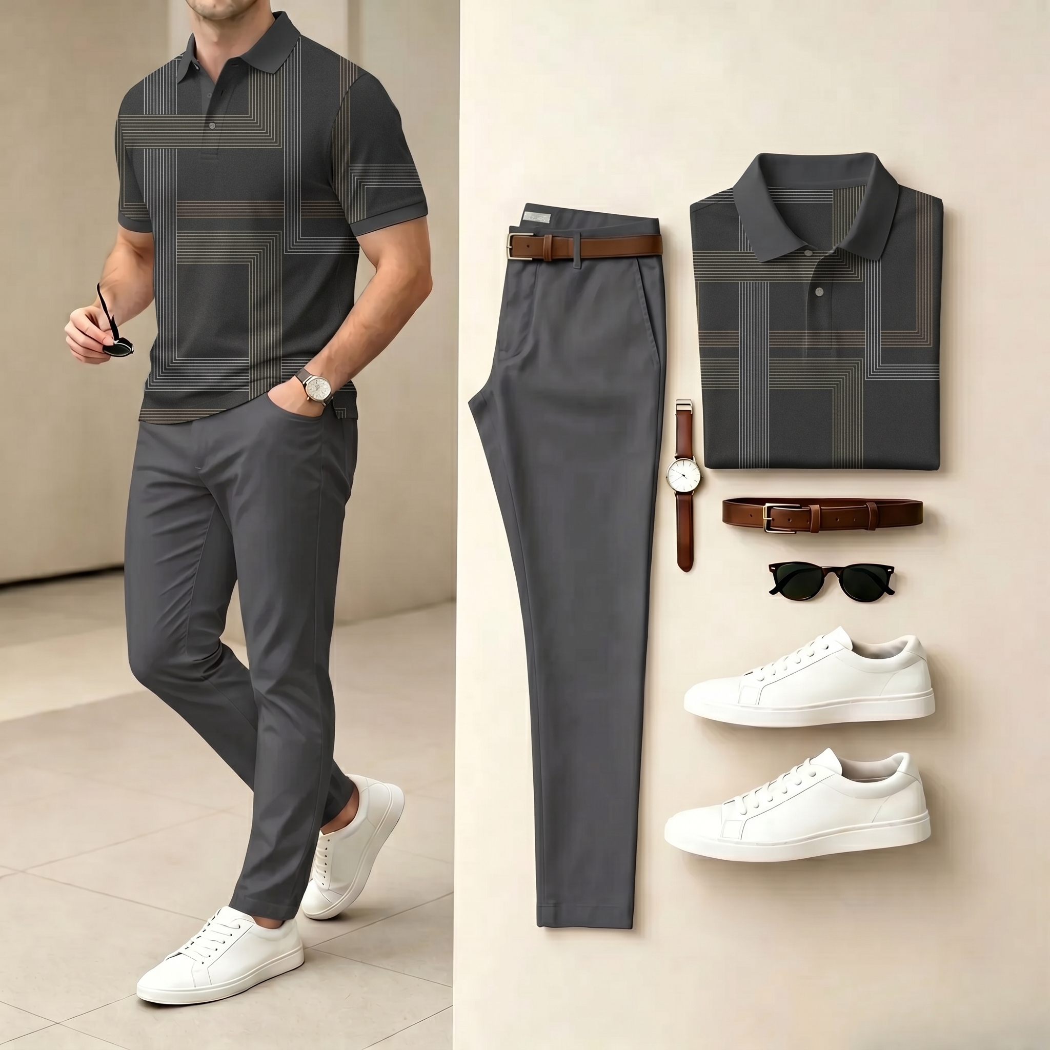 Conjunto de dos piezas casual Dark Gray Color Matching a rayas estampado camisa polo & pantalón para hombre