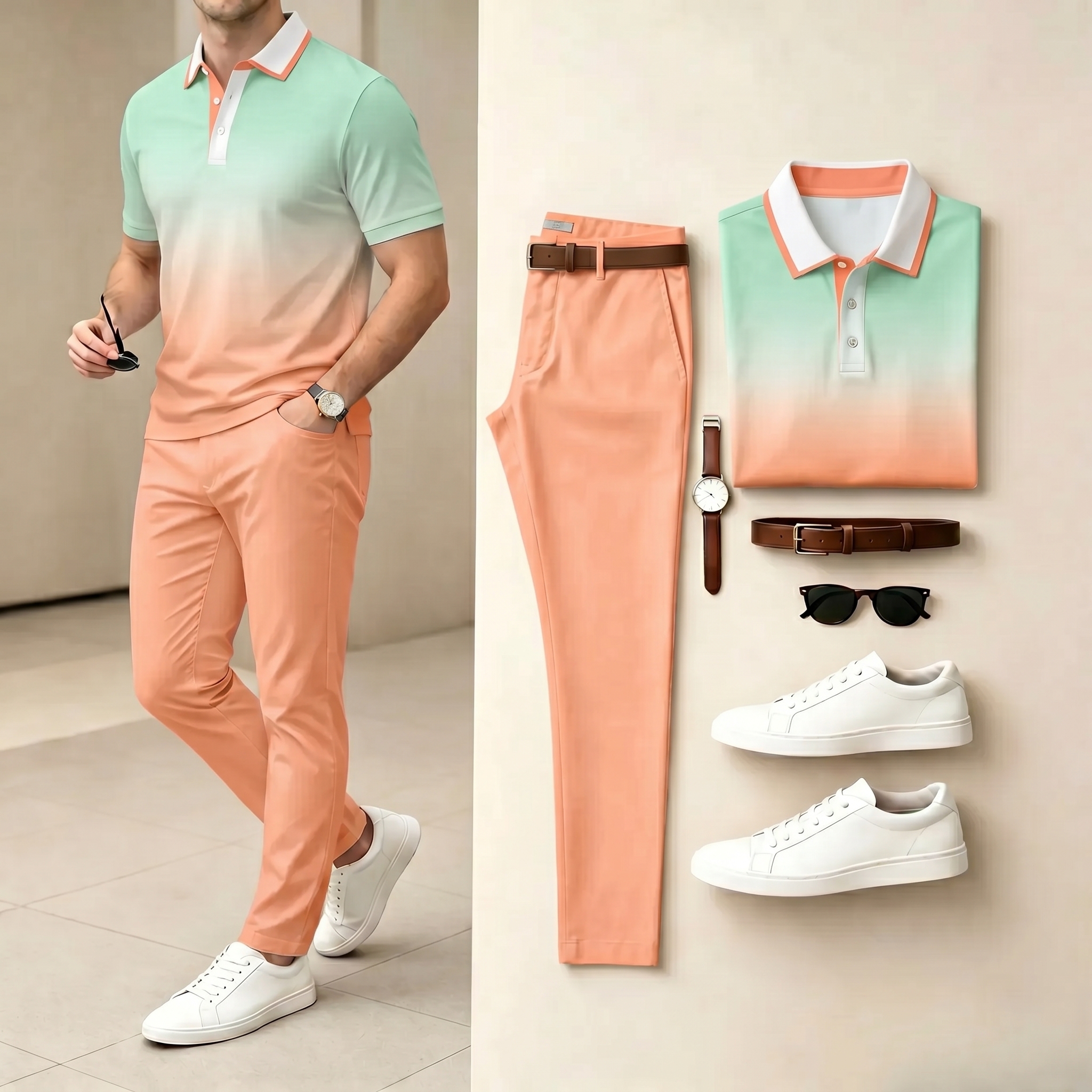 Conjunto de dos piezas casual Orange & Light Green Gradient estampado camisa polo & pantalón para hombre
