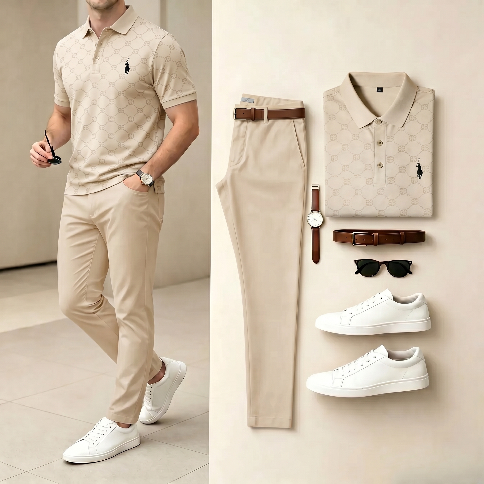 Conjunto de dos piezas casual Apricot retro Style estampado camisa polo & pantalón para hombre