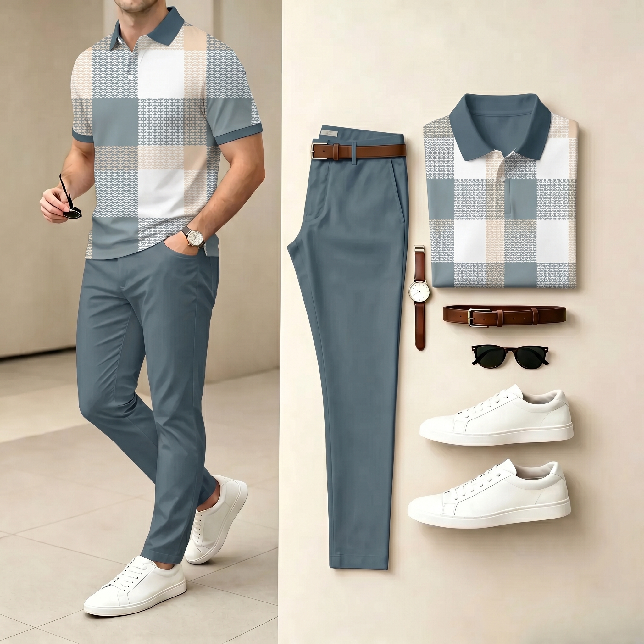 Conjunto de dos piezas casual Blue & White Color Matching a cuadros estampado camisa polo & pantalón para hombre