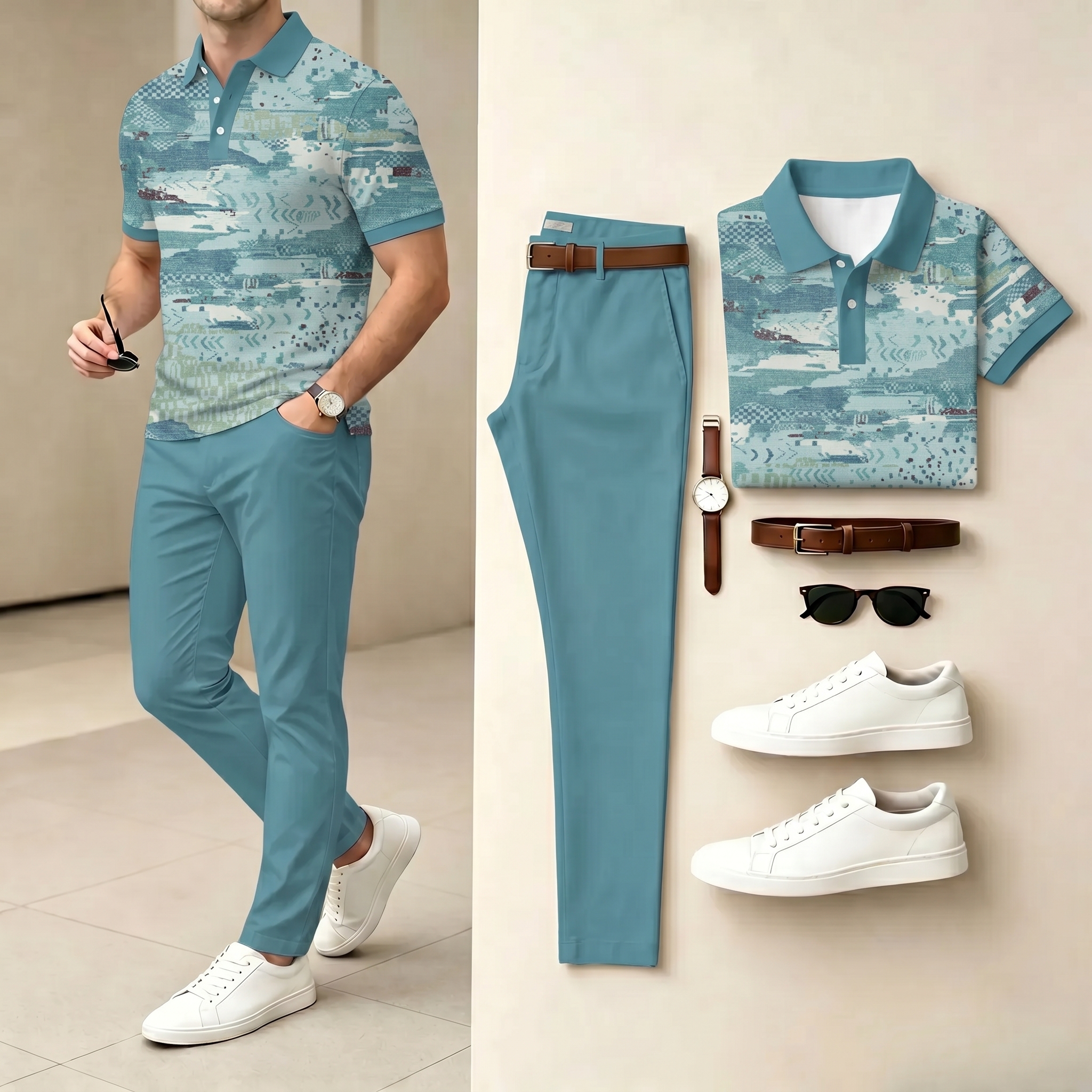 Conjunto de dos piezas casual Multi Blue Color Matching a cuadros estampado camisa polo & pantalón para hombre
