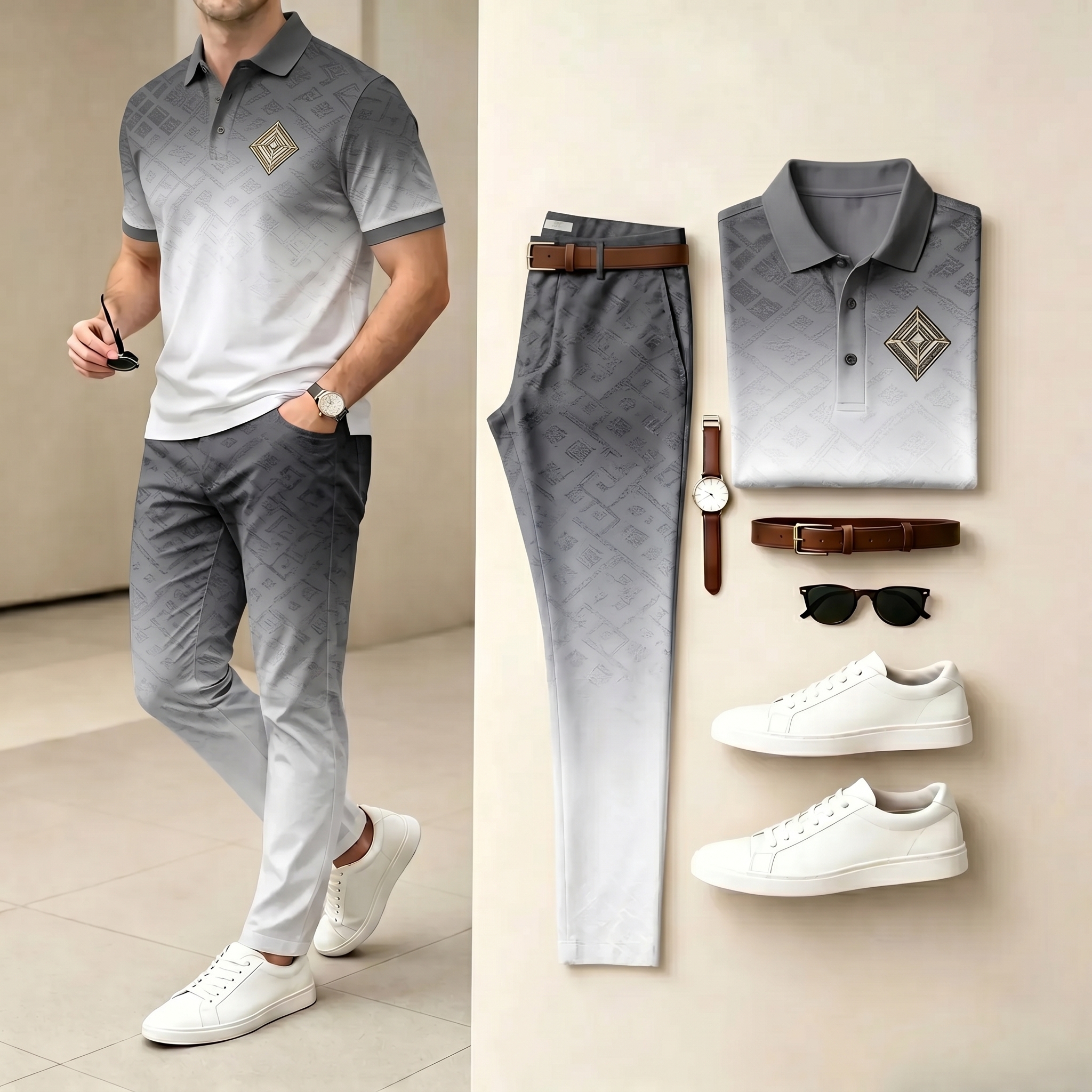 Conjunto de dos piezas casual Gray & White Gradient Color Matching estampado camisa polo & pantalón para hombre