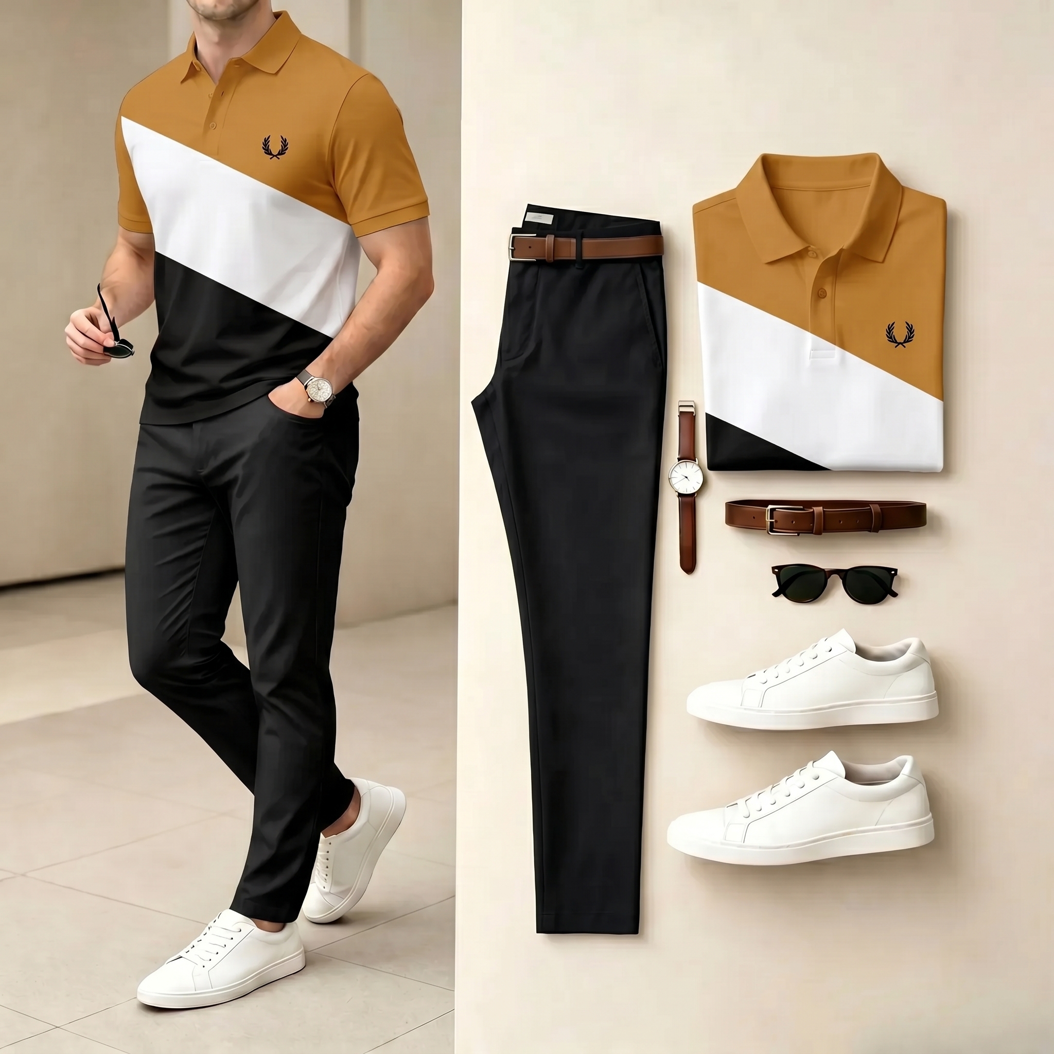 Conjunto de dos piezas casual Brown & Black Color Matching estampado camisa polo & pantalón para hombre