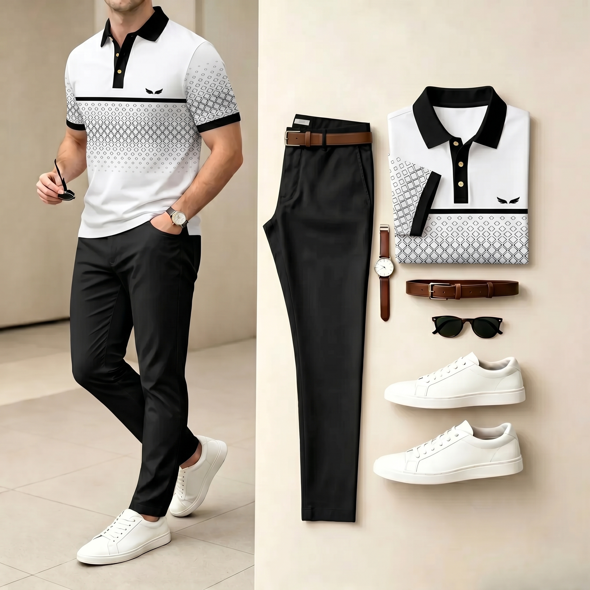 Conjunto de dos piezas casual Brown & Black Color Matching estampado camisa polo & pantalón para hombre